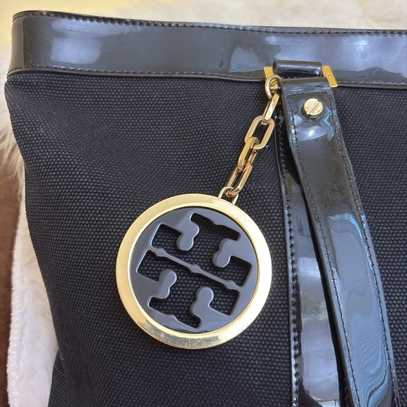 Tory Burch | Black Gold Jane Canvas & Patent Leather Tote Shoulder Bag - Picture 7 of 17